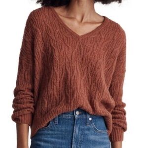 Madewell Alna V-Neck Pointelle Cable Knit Sweater in Ground Clover | Size Medium